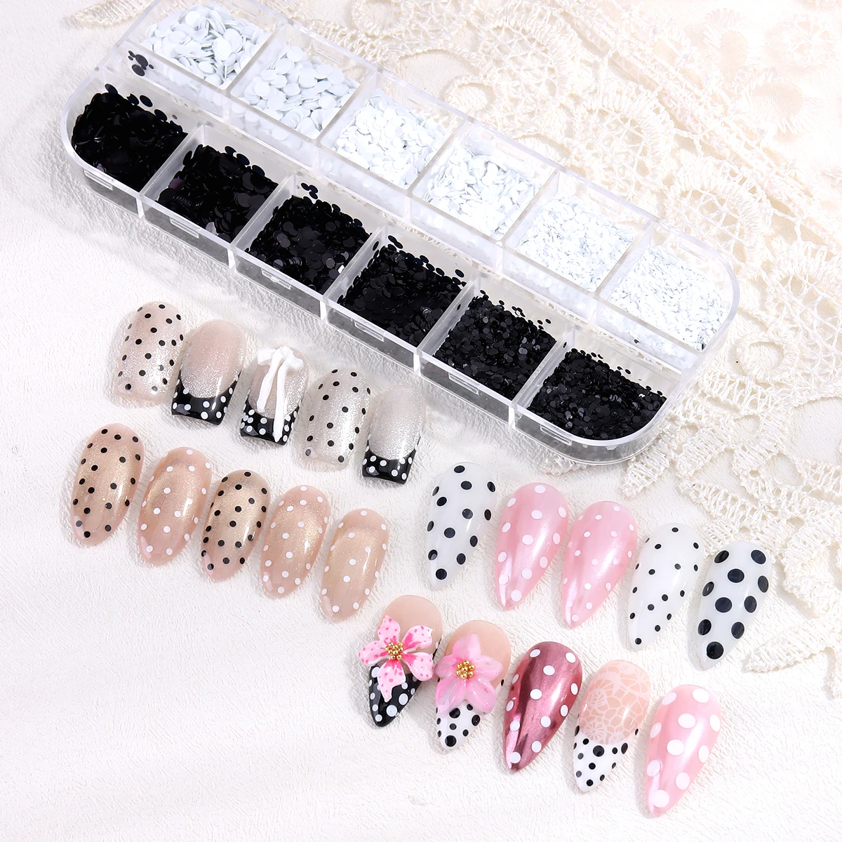 Schwarz-weiße Polka-Dot-Glitzer-Nagelkunst-Accessoires, Retro-Blumen-Patchwork-Glitzer-Nagelkunst, vielseitiger runder Punkt-Glitzer zum Selbermachen – Detail 15