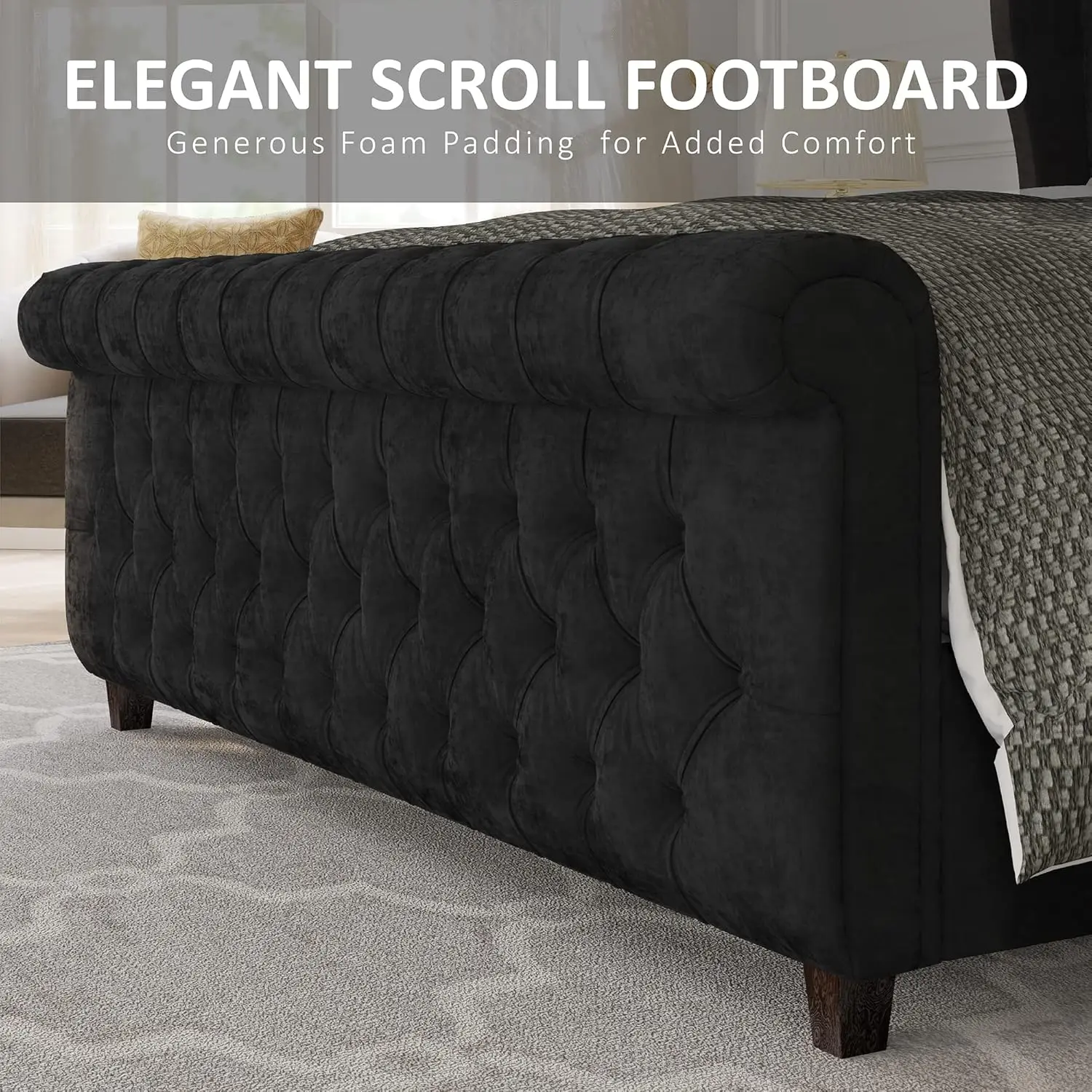 Queen Size Platform Bed Frame, Velvet Upholstered Sleigh Bed with Scroll Wingback Headboard Footboard/Button TuftedBlack image 5