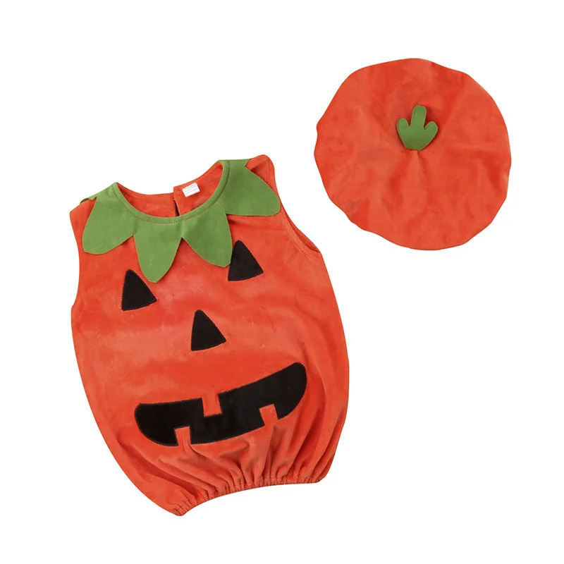 Children\'s Costumes Halloween Burst Pumpkin Modeling Men And Women Baby Sleeveless One-Piece Pajamas With Hat Cute Onesie