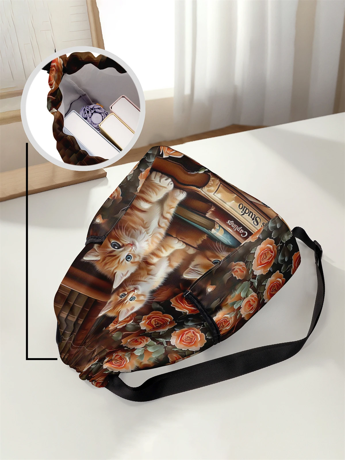 حقيبة ظهر برباط مطبوعة بنمط قطة لطيفة - حقيبة لياقة بدنية متينة ذات سعة كبيرة، حقيبة ظهر رياضية للشاطئ