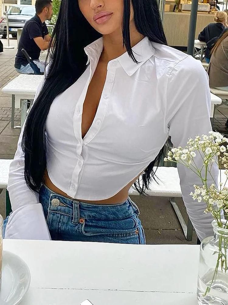 Women's Fashion Button Down Shirts Sexy Slim Fit Long Sleeve Stylish V Neck Blouses Tops Tie Backless Streetwear Top Tee