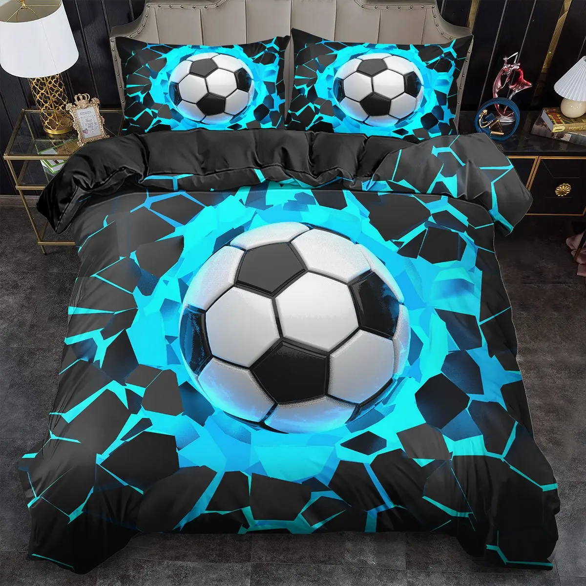 Soccer Blue Crack Print Duvet Cover Set King Queen Size Bedding Quilt Cover Bedroom Guest Room Decor Machine Washable