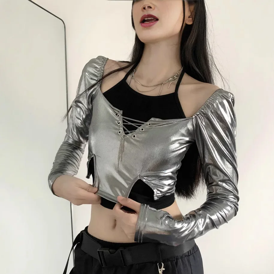 الخريف الأوروبية الأمريكية الجديدة فتاة الفضة الربط طويلة الأكمام الرقبة قاع قميص الرقبة الحمالة وهمية قطعتين أعلى