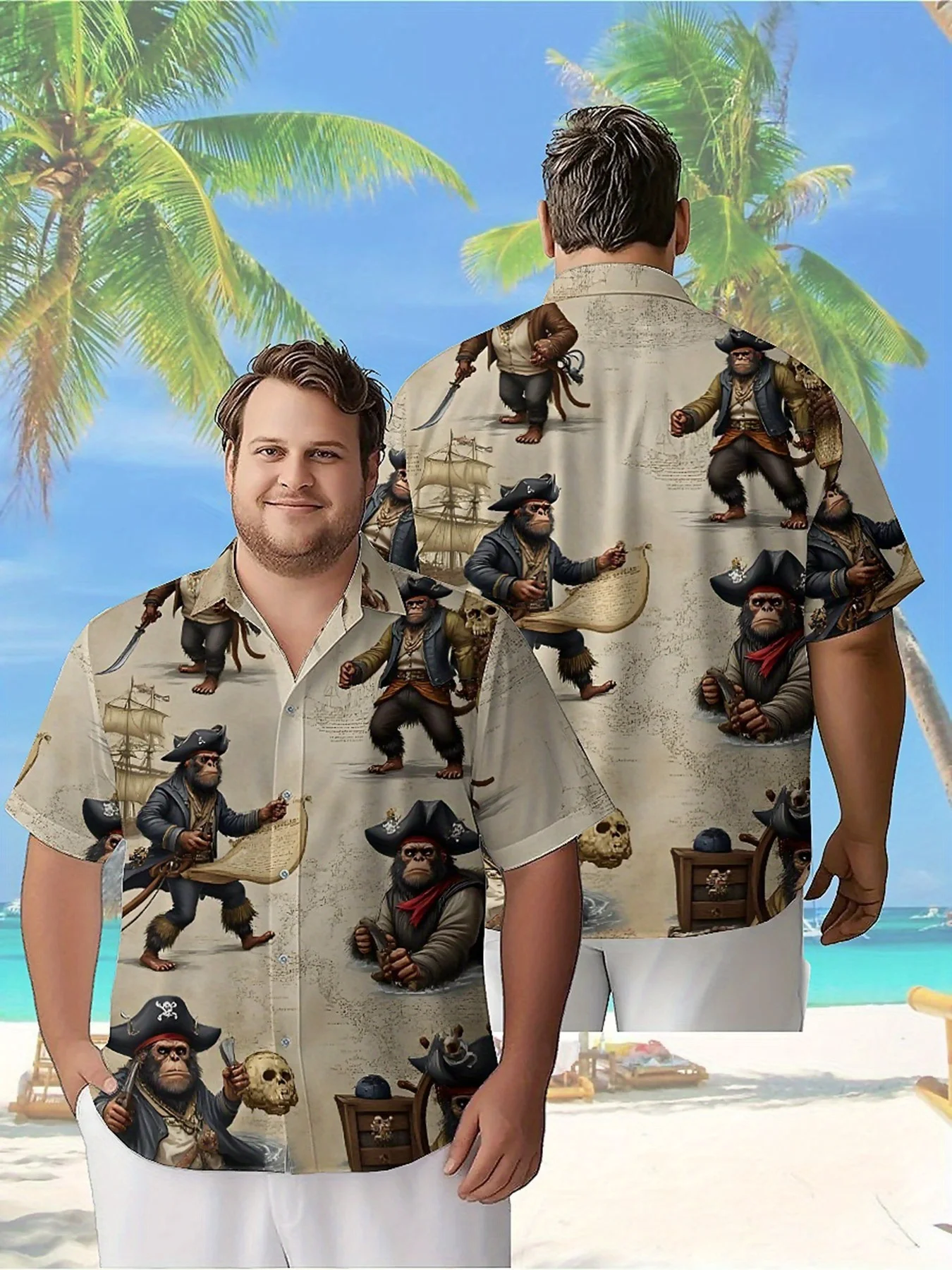 Men's Plus Size Hawaiian Shirts Pirates and Gorillas Pattern,Premium Comfort Youth Clothes,Y2K Tops