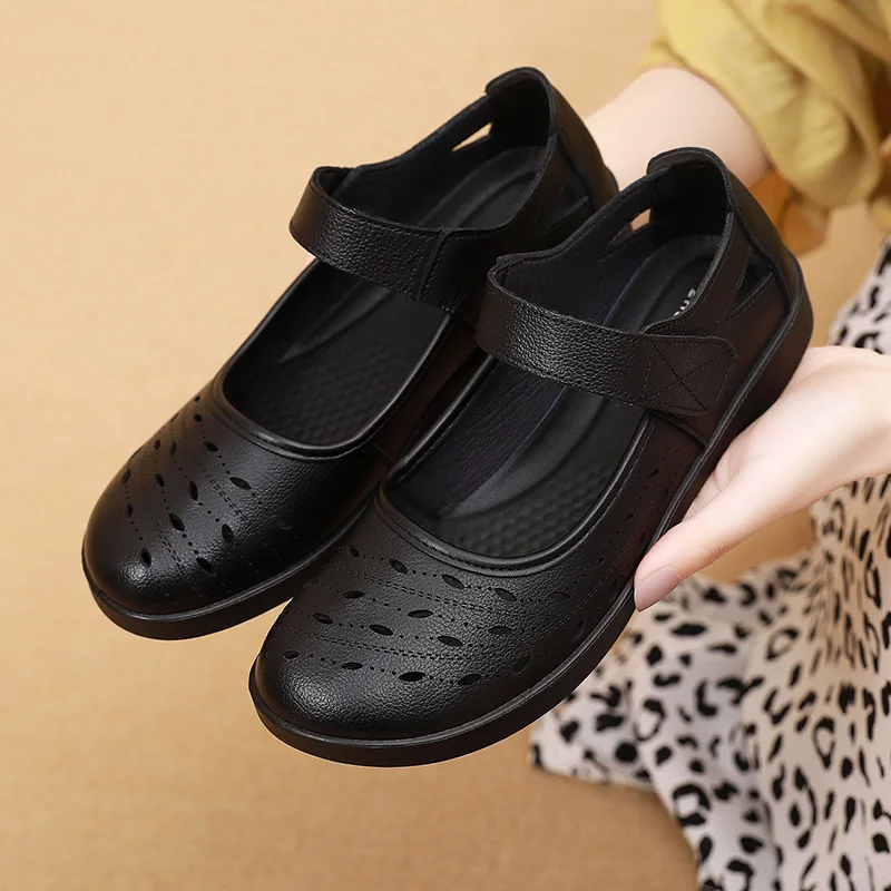 

Genuine Leather Ladies Flat Summer Shoes Woman Slip On Casual Loafers Hollow Out Round Toe Soft Comfort Sandals Walking Shoes