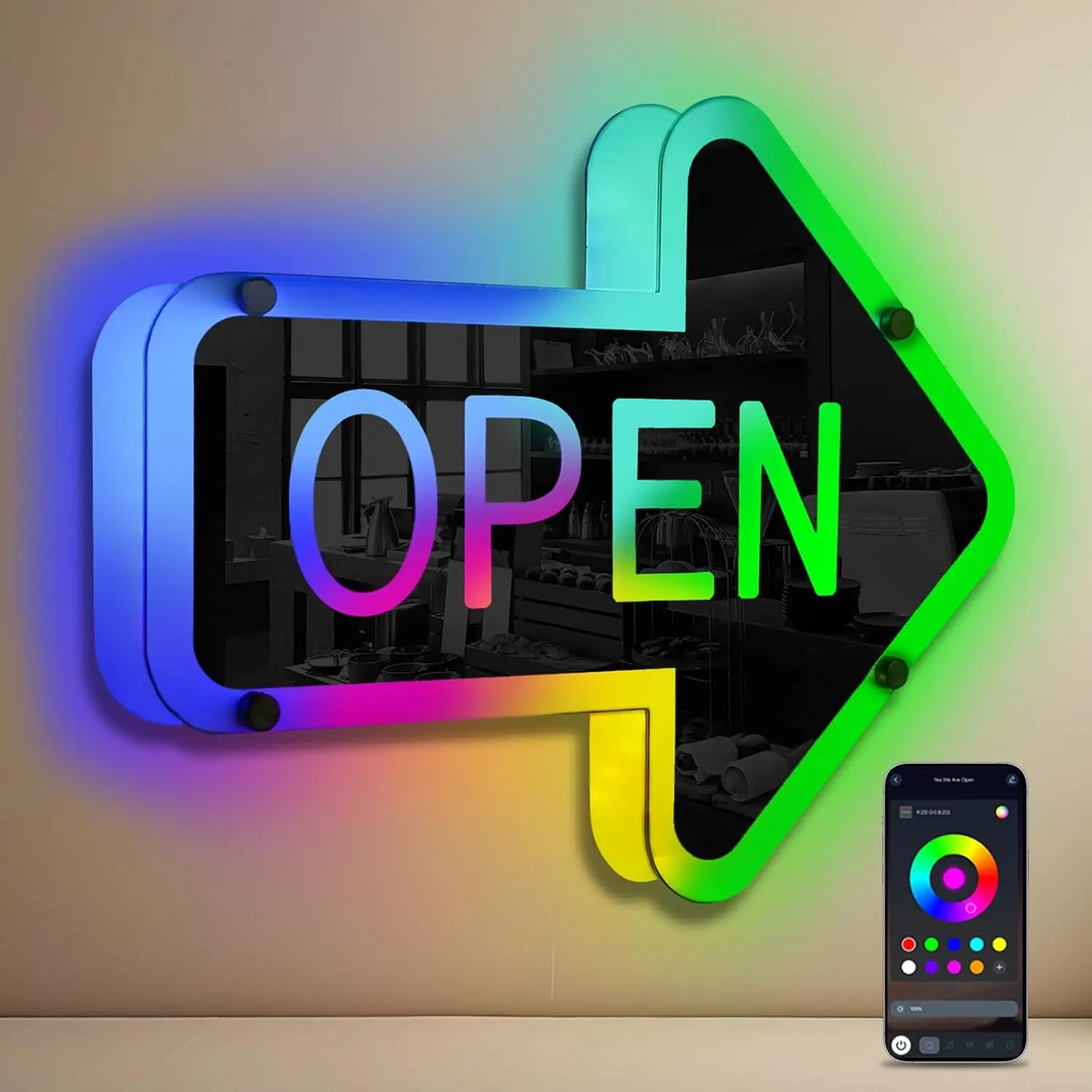 

RGB Open Neon Sign Arrow Mirrored Colorful LED Lights Wall Decor for Window Door Bar Shop Coffee Salon Hotel Store