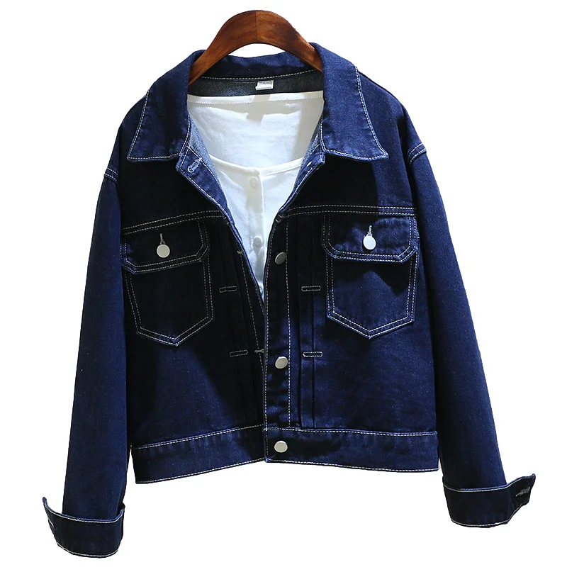 

Autumn Korean Dark Blue Denim Jacket Coat Women Big Pocket Long Sleeve Cowboy Outerwear Loose Casual Short Jeans Jacket Female