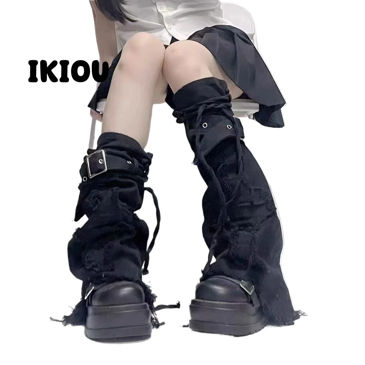 IKIOU Trendy Y2K Punk Black Denim Leg Warmers with Adjustable Drawstring and Cross Details for a Unique Ins Fashion Look