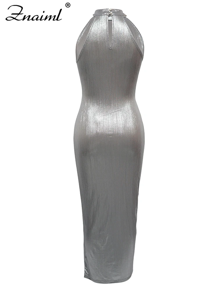 Znaiml Sexy Night Club Women Silver O-neck Sleeveless Bandage Belt Long Dress Elegant Birthday Party Evening Bodycon Vestidos