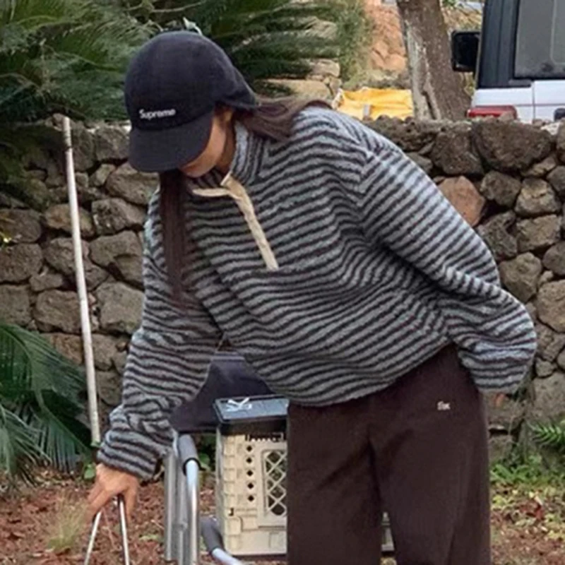 الكورية الصوف مخطط البلوز المرأة Harajuku Y2K كم طويل معطف دافئ رقيق فضفاض عادية الشارع سترة الموضة