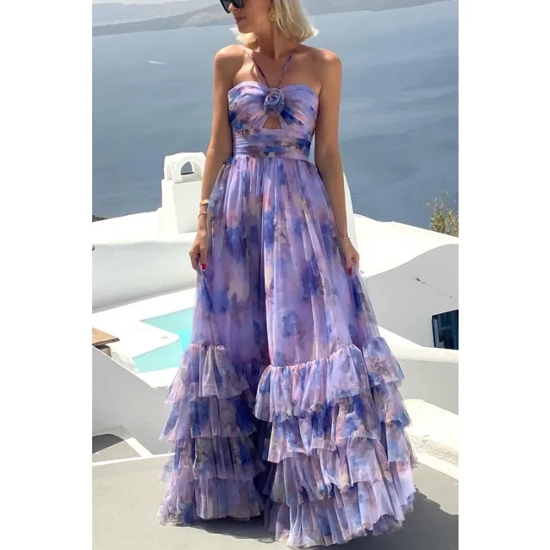 Sexy Women 3D Floral Tiered Ruffle Maxi Dress Halter Off Shoulder Corset Guest Cocktail Vacation Beach Dress Celebrity Boho Gown