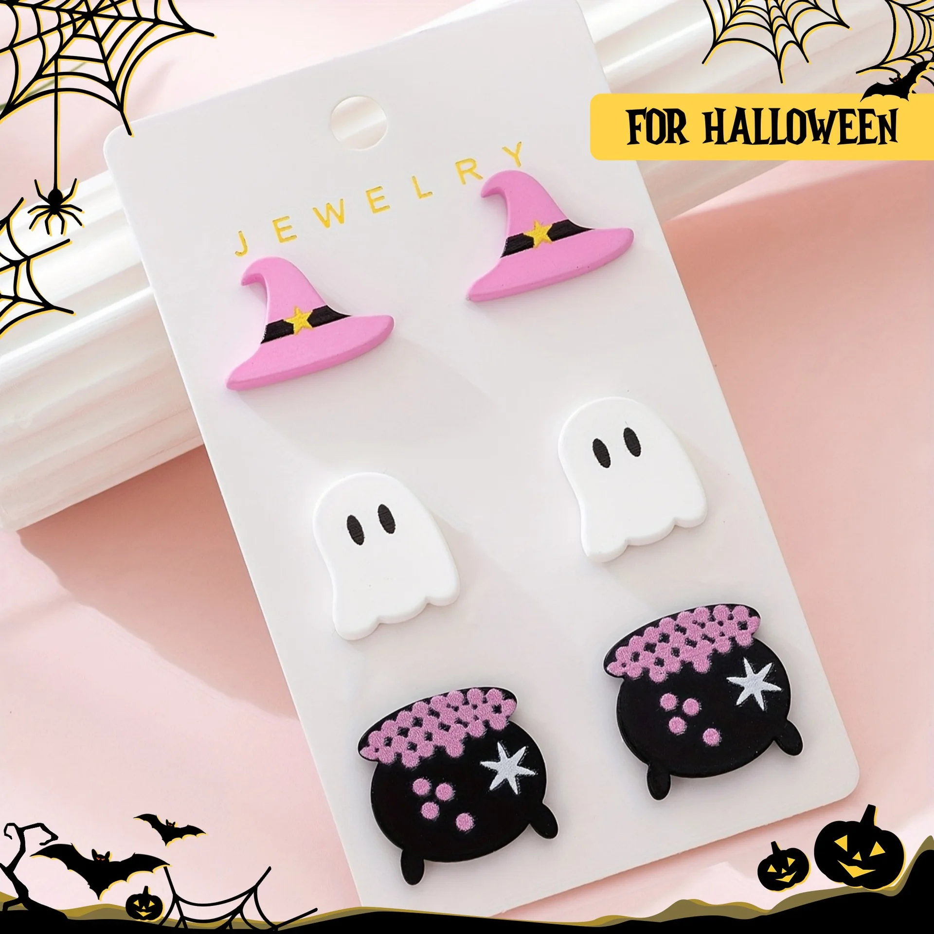 New European Cross Border Halloween Acrylic Stud Earrings Cute Cartoon Little Ghost With Hat Unique Jewelry