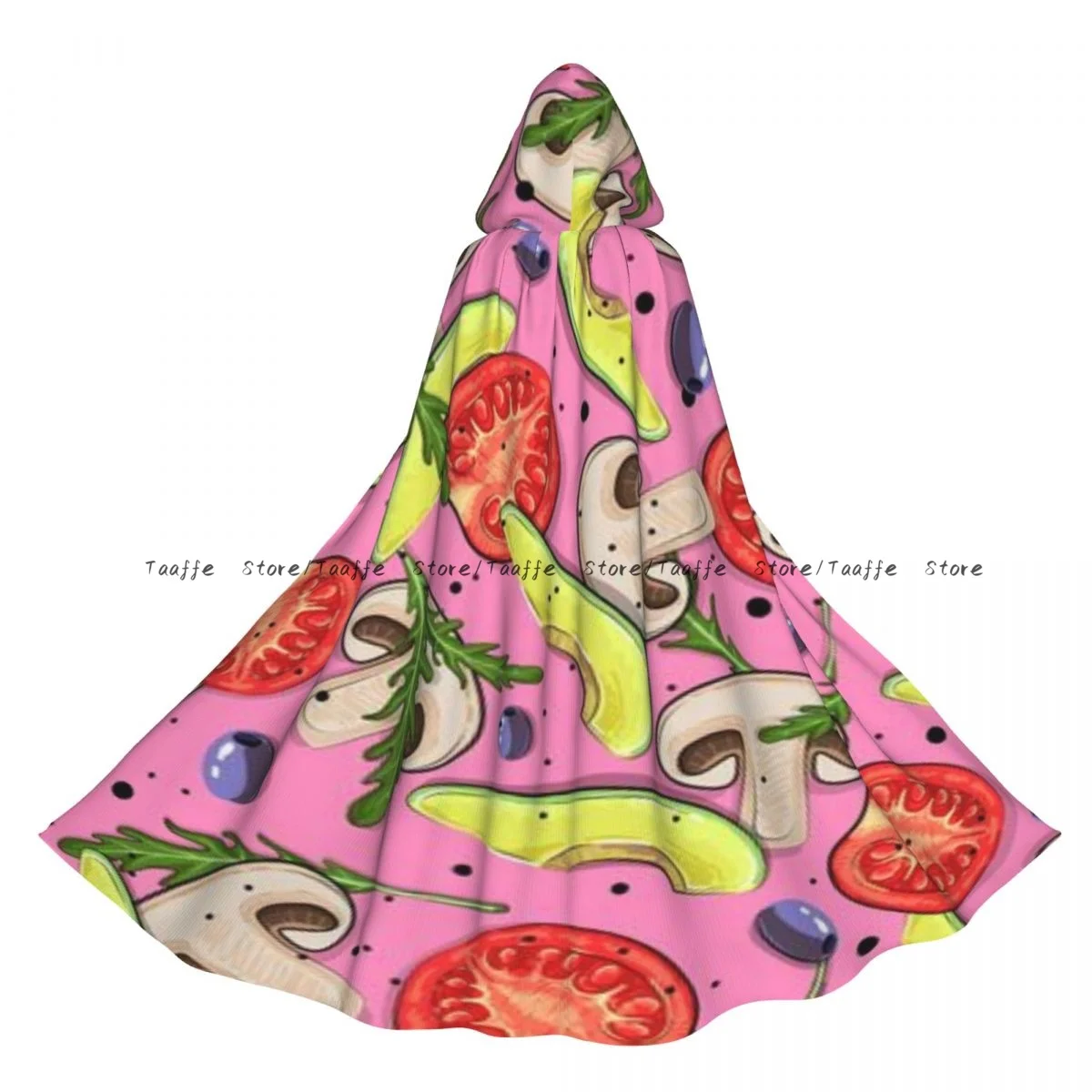 

Плащ унисекс на Хэллоуин, грибы, помидор, авокадо, оливки и аркула, фон, накидка с капюшоном, средневековый костюм, ведьма, Викка, вампир