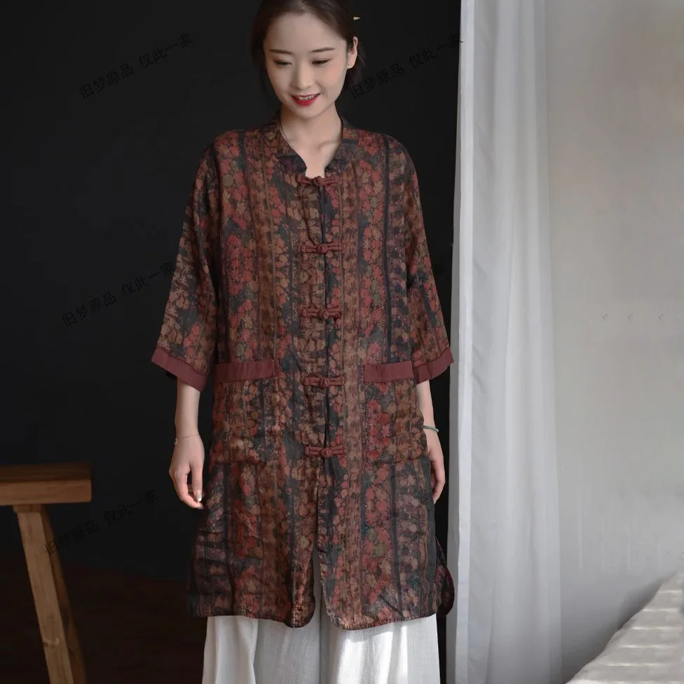 

Artistic Retro Thin Ramie Printed Mid-Length Shirt Women Chinese Ethnic Style Frog Button Leisure Sun-Protective Top Pockets