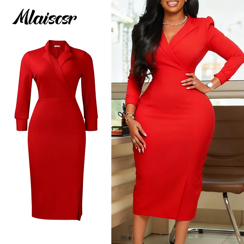 

Mlaiscsr Elegant African Wrap Bodycon Midi Dresses for Woman Notched Lapel Long Sleeves Red Dress Female Office Business Vestido