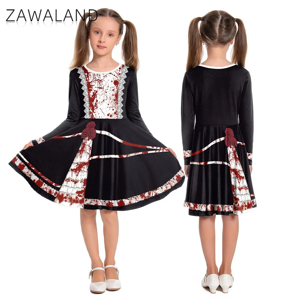 

Halloween Simulated Blood Print Cosplay Dress Girl Long Sleeve Dresses Performance Party Costume Carnival Skirt Festival Outfits