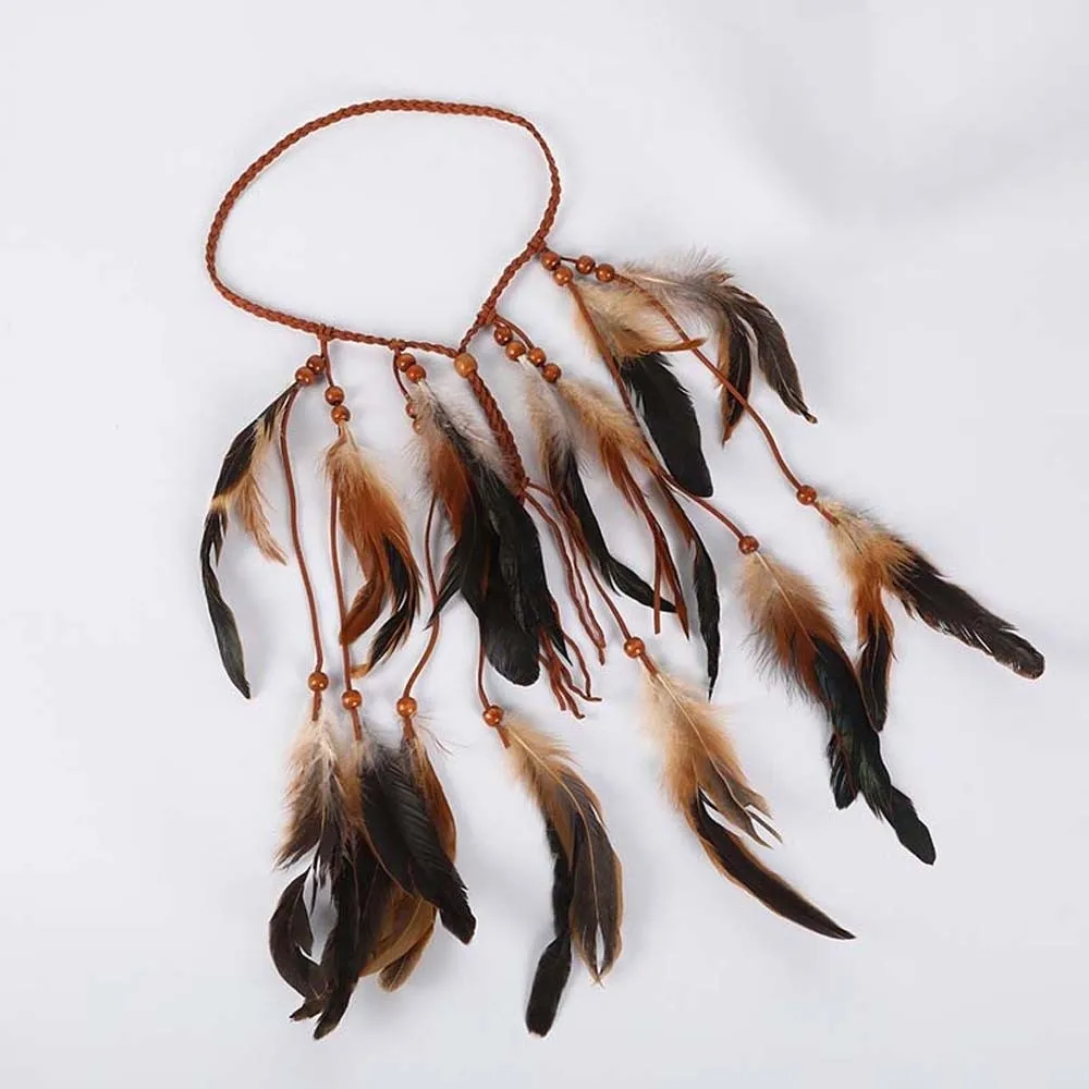 Cascading Tassels Long Feather Headpiece Braided Cord Intricate Beadwork Bohemian Tassel Headband Flowing Aesthetic