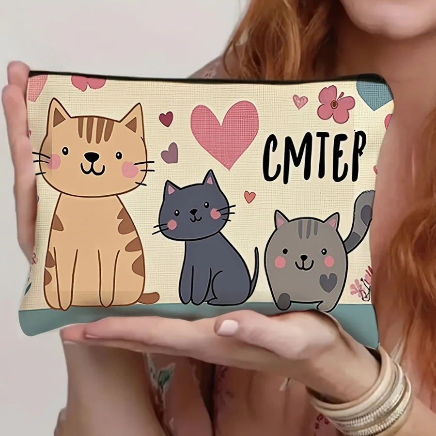 A Peculiar Makeup Bag with Three Cats and a Heart Theme,This Adorable Cosmetic Case Is Perfect for Women, Girls, Friends
