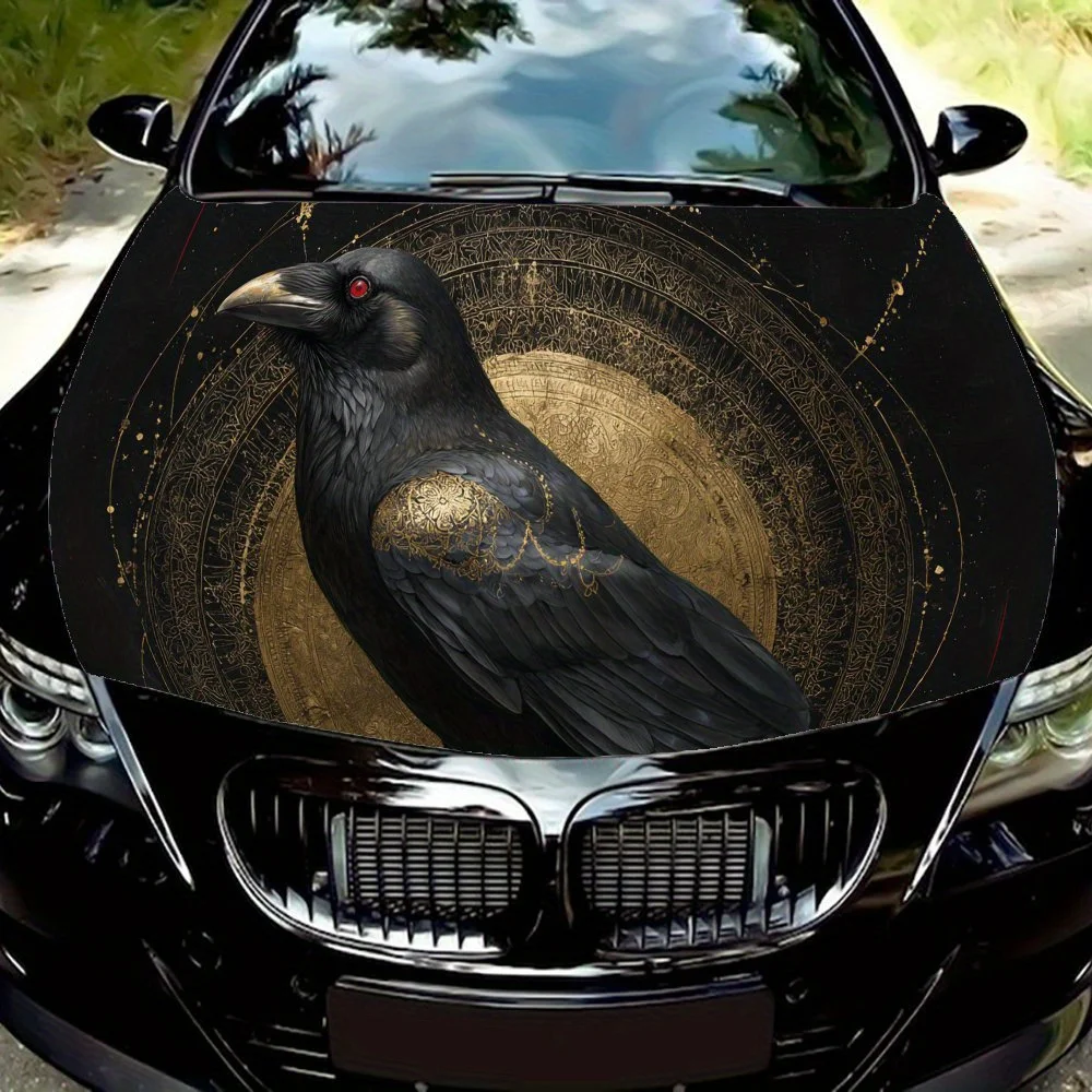 Golden - Patterned Mysterious Raven Print PVC Car Vinyl Wraps, Self-Adhesive Waterproof Car Hood Decal Sticker, Car Decoration P