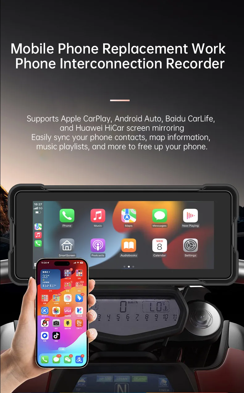 Мотоциклетный дисплей с CarPlay, портативная цифровая приборная панель, навигация для мотоциклов, Android Auto, водонепроницаемый BT-монитор