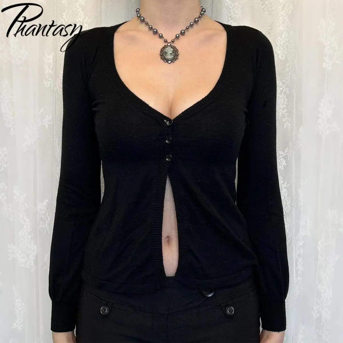 

Phantasy Y2K Spicy Girl Style Свитер с длинными рукавами Шерстяной повседневный удобный топ Сексуальный облегающий элегантный свитер с вырезами