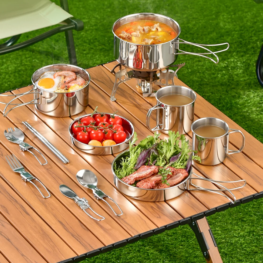 Roestvrij staal 8-delige pannenset voor kamperen Campingpot en pannenset met kopjes Buiten 2-3 personen servies voor wandelen Picknick