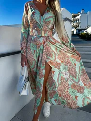 2023 Beach Style Slit Lady Print Bohemian Dress Women Long Sleeve V Neck Party Maxi Dress Elegant Floral High Waist Summer Dress