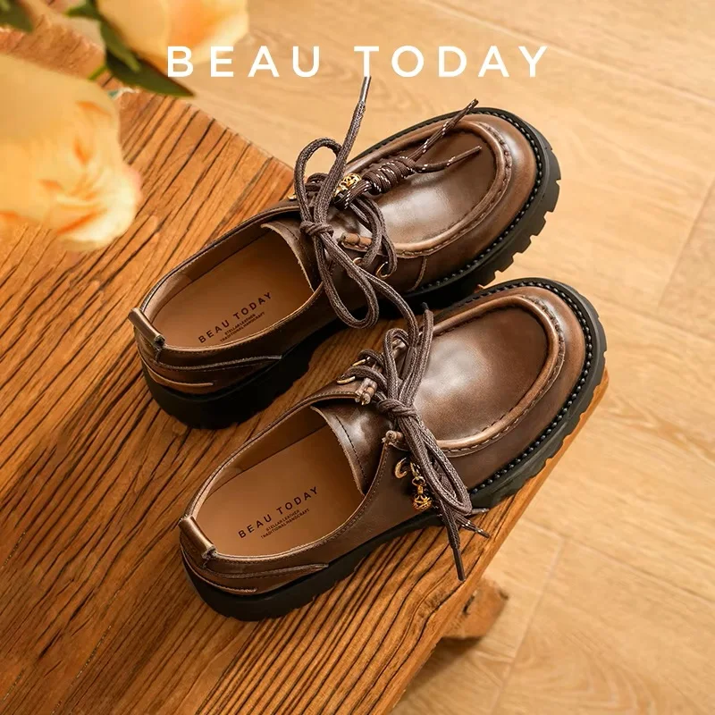 

BEAUTODAY Fashion Loafers Women Calfskin Leather Round Toe Lace Up Thick Sole Bell Derbys Ladies Waxing Flats Handmade 21708