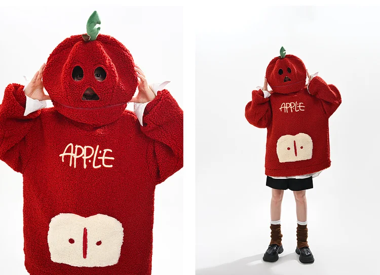 Christmas Kawaii Fun Apple Red Hoodies Tops Sweet Cute Embroidered Loose Casual Thick Fleeced Warm Sweatshirts for Women Winter - Image 2