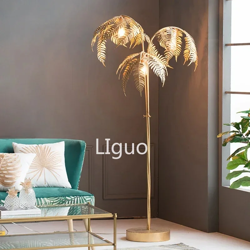 

American Fashion Floor Lamps Retro Wrought Iron Leaves Design Villa Model Room Hotel Palm Tree Table Floor Light Home Decoration