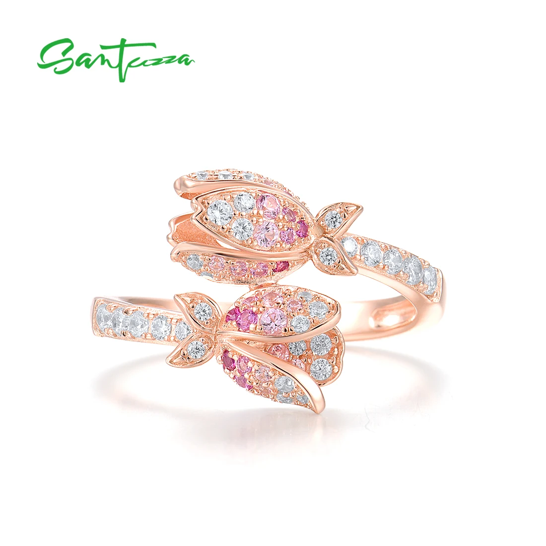 SANTUZZA Real 925 Sterling Silver Rings For Women Sparkling White CZ Created Ruby Pink Sapphire Flower Elegant Fine Jewelry
