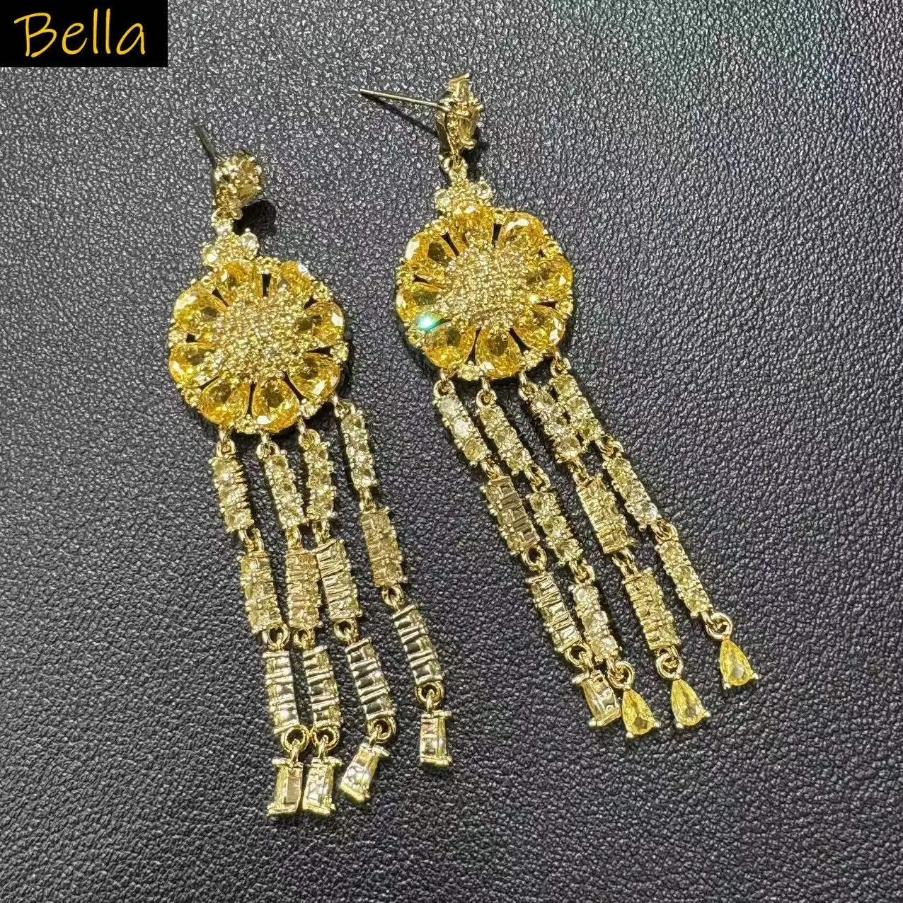luxury cubic zirconia earrings for women shiny jewelry gala event party dangling earrings gold color yellow blue flower chain