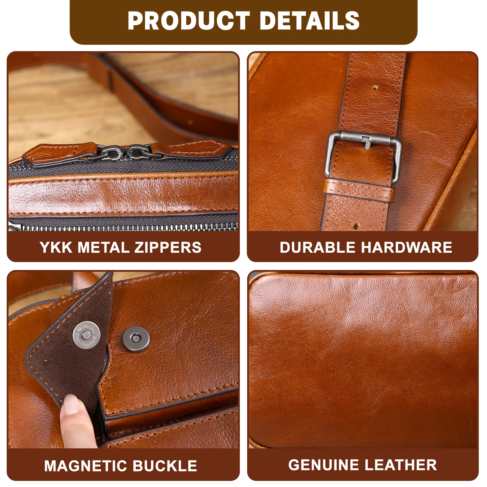 Vintage-Hüfttasche aus hochwertigem Rindsleder, lässige Schultertasche für Herren, multifunktionale Motorrad-Brusttasche aus echtem Leder – Detail 11