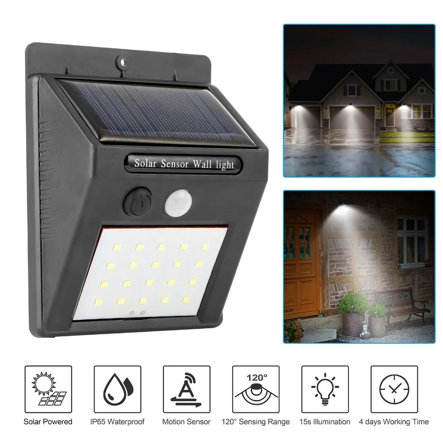 

Solar Light 20 LEDs Outdoor PIR Motion Sensor Lights IP65 Waterproof 120 Degree Sensing Wide Angle Lighting