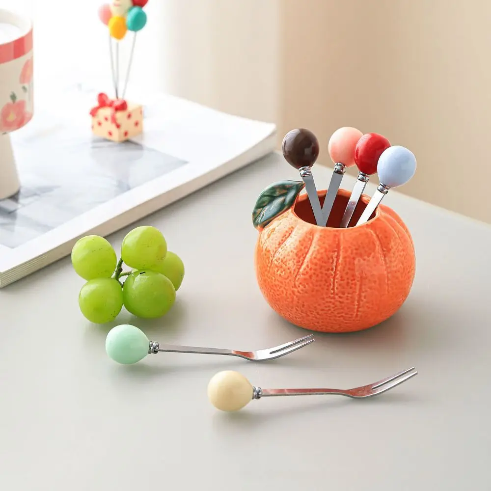 

Набор оранжевых керамических вилок для фруктов в стиле Ins, однотонные десертные вилки с банкой для хранения, креативные для дома