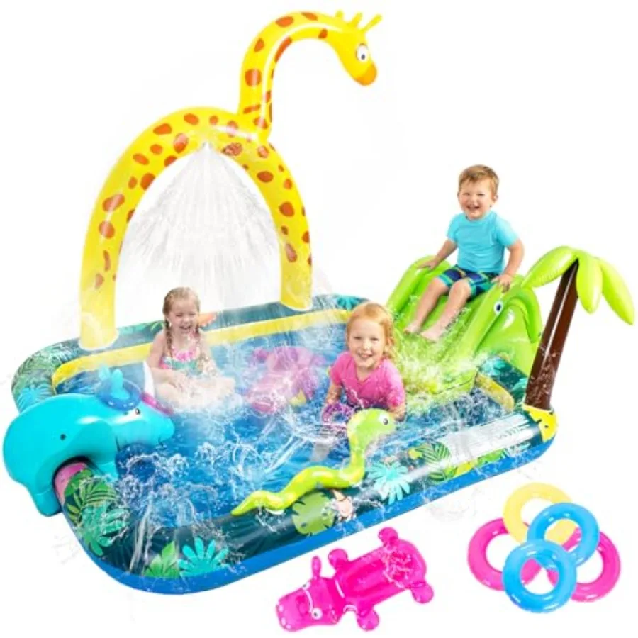 

Надувной игровой центр «Животные джунглей»: детский бассейн с горкой и распылителем воды для летних игр на открытом воздухе во дворе