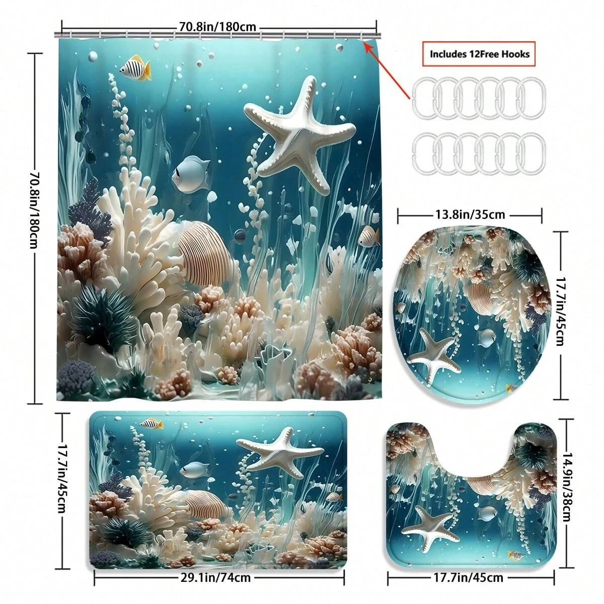 4pcs Coral Starfish Pattern Bathroom Set, Waterproof Fabric Shower Curtain With 12 Hooks Toilet Lid Cover, Bathroom Decor