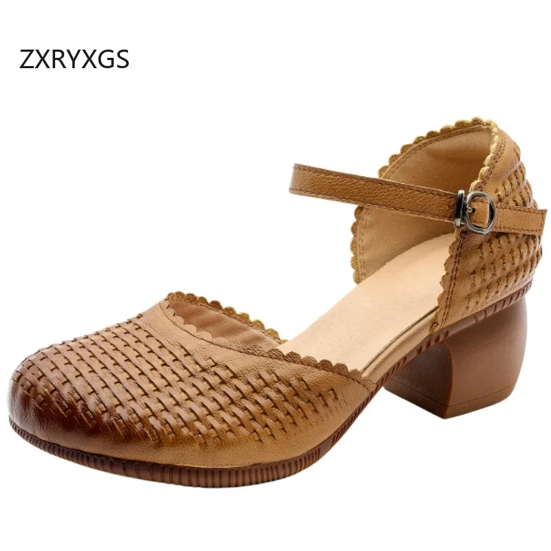 ZXRYXGS 2026 New Summer Premium Genuine Leather Sandals Thick Mid Heels Comfortable Elegant Round Toe Women Fashion Sandals