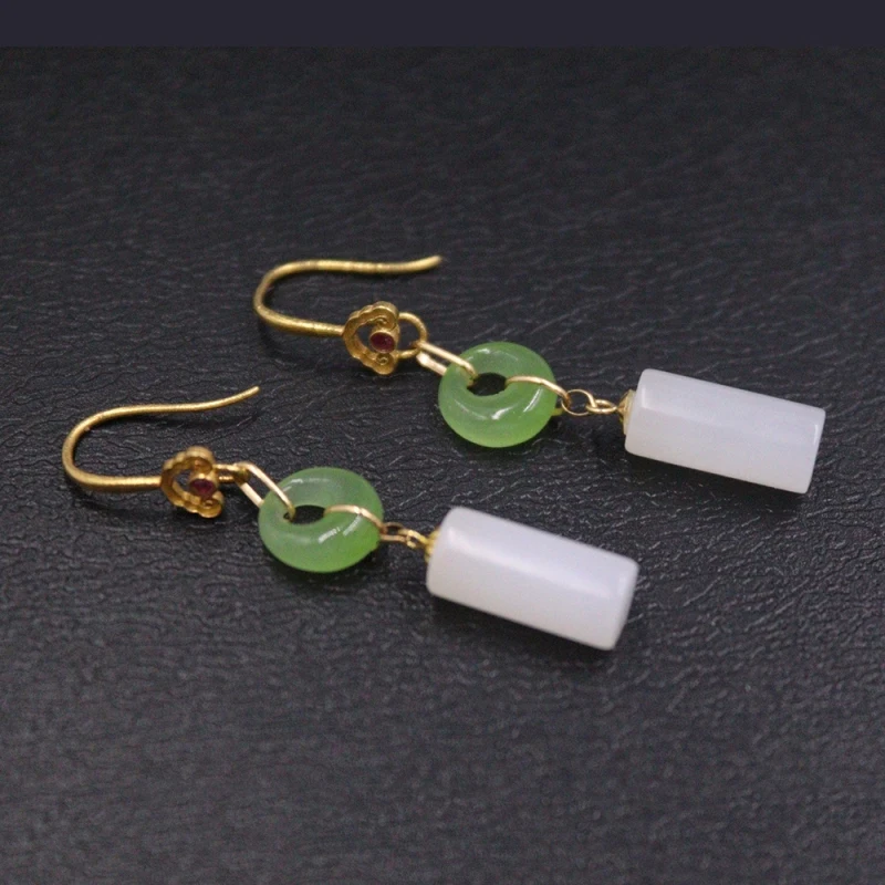 

Real Pure 18K Yellow Gold Natural Jade Jasper Circle White Column Women Lucky Dangle Earrings