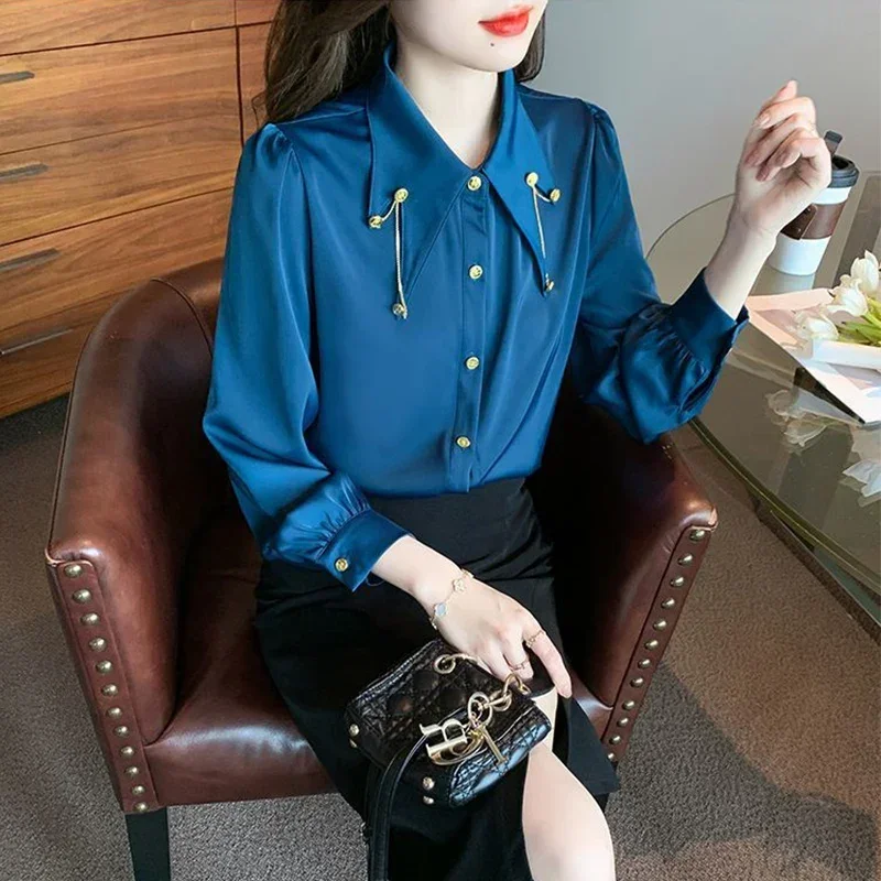 Spring Autumn Temperament Chic Chain Patchwork Shirt Female Long Sleeve Elegant Fashion Buttons Blouse Women's Solid Color Top