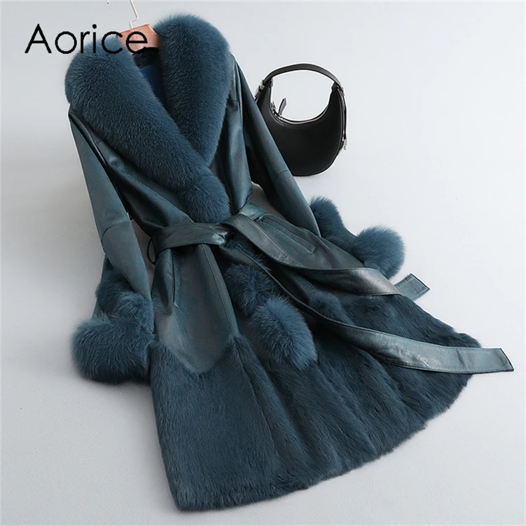 

Aorice Winter Long Rabbit Fur Linging Coat Jacket Female Fox Fur Collar Coats Lady Over Size Parka Trench CT282