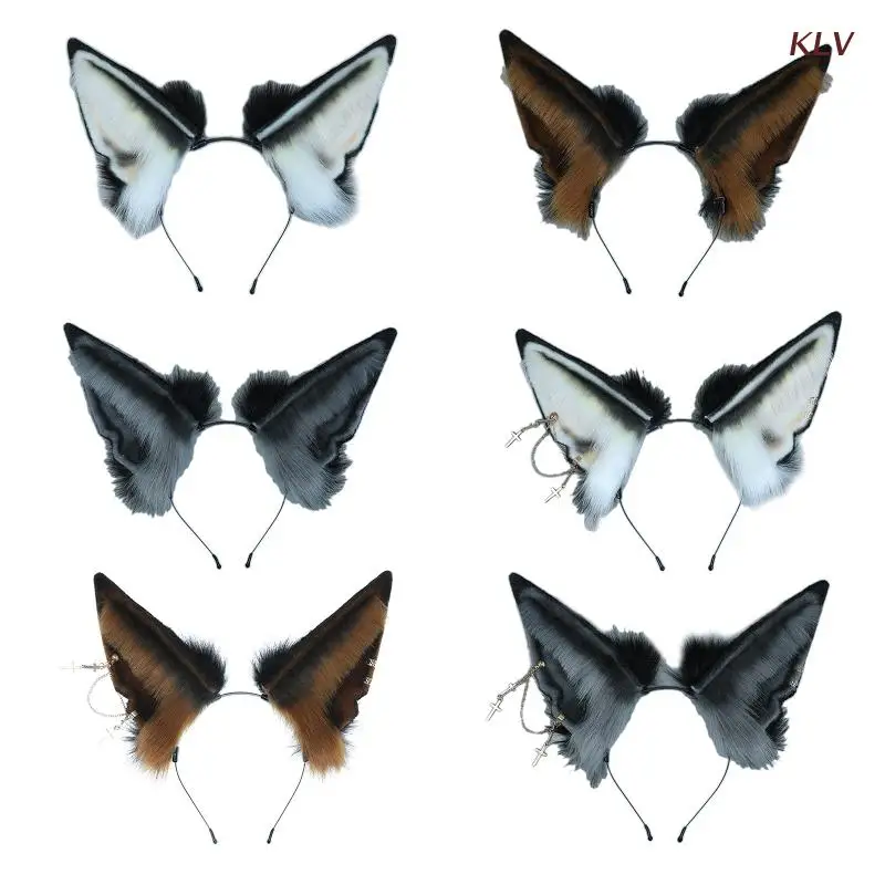 Faux Fur Dog Ears Wolf Ear Headband Animal Hair Hoop Wolf Ears Realistic Lolita Headband Wolf Cosplay Accessories 6XDA