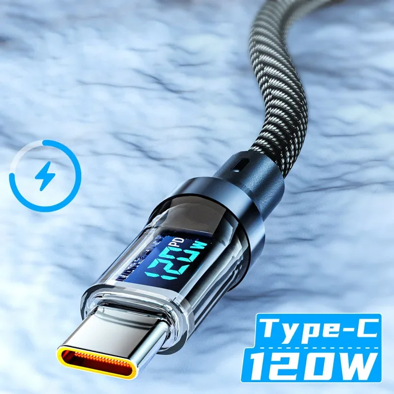 Kabel Data Tipe-C ke Tipe-C 120W/100W Kabel Data Tampilan Digital Transparan USB ke Tipe-C untuk Millet Samsung iPhone Mac book