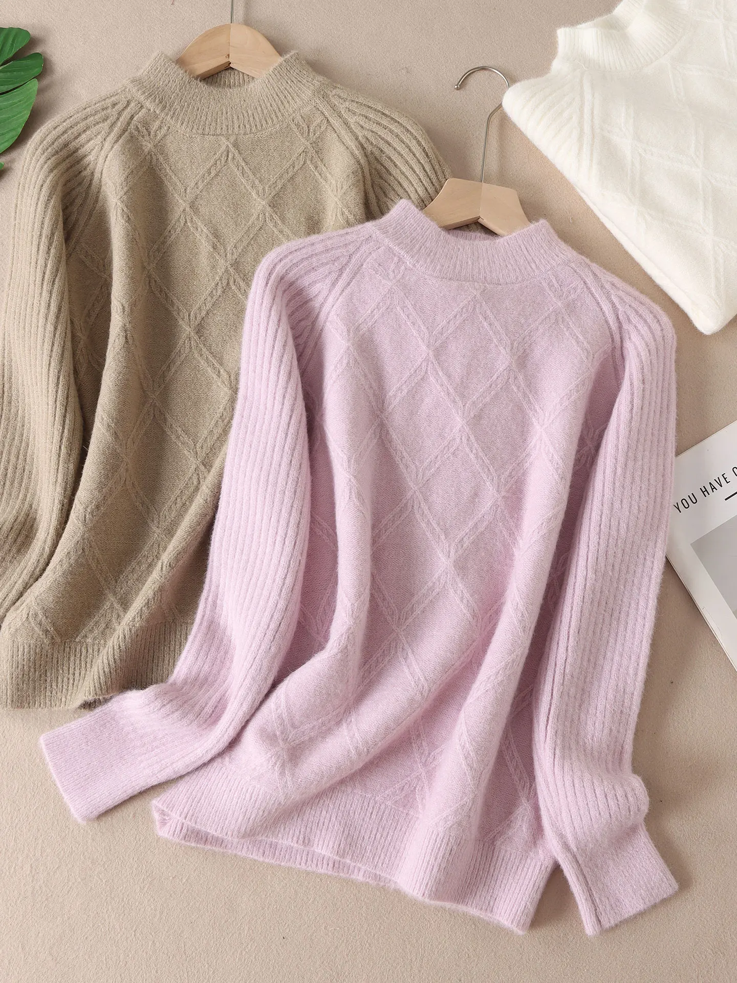 

Теплый свитер Sli f с высоким воротником, женский зимний утягивающий вязаный топ, футболка с двойной иглой, размерный ромбовидный узор