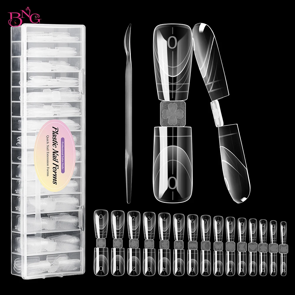 BNG جديد الفرنسية مزدوجة الجانب أشكال مزدوجة غطاء كامل الأظافر قالب بولي جيل للأظافر تمديد نعش مربع الاكريليك أشكال علوية 75 قطعة