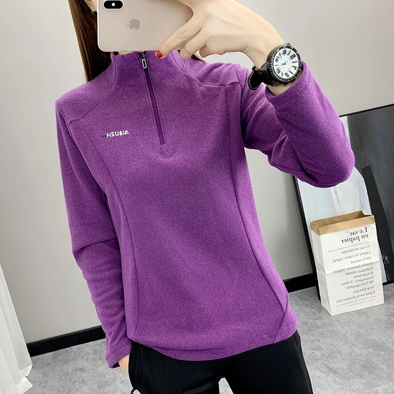 Women Outdoor Sports Fleece Jacket Spring Autumn Thin Breathable Warm Long Sleeve Pullover Sweater Running Hiking Climbing Shirt