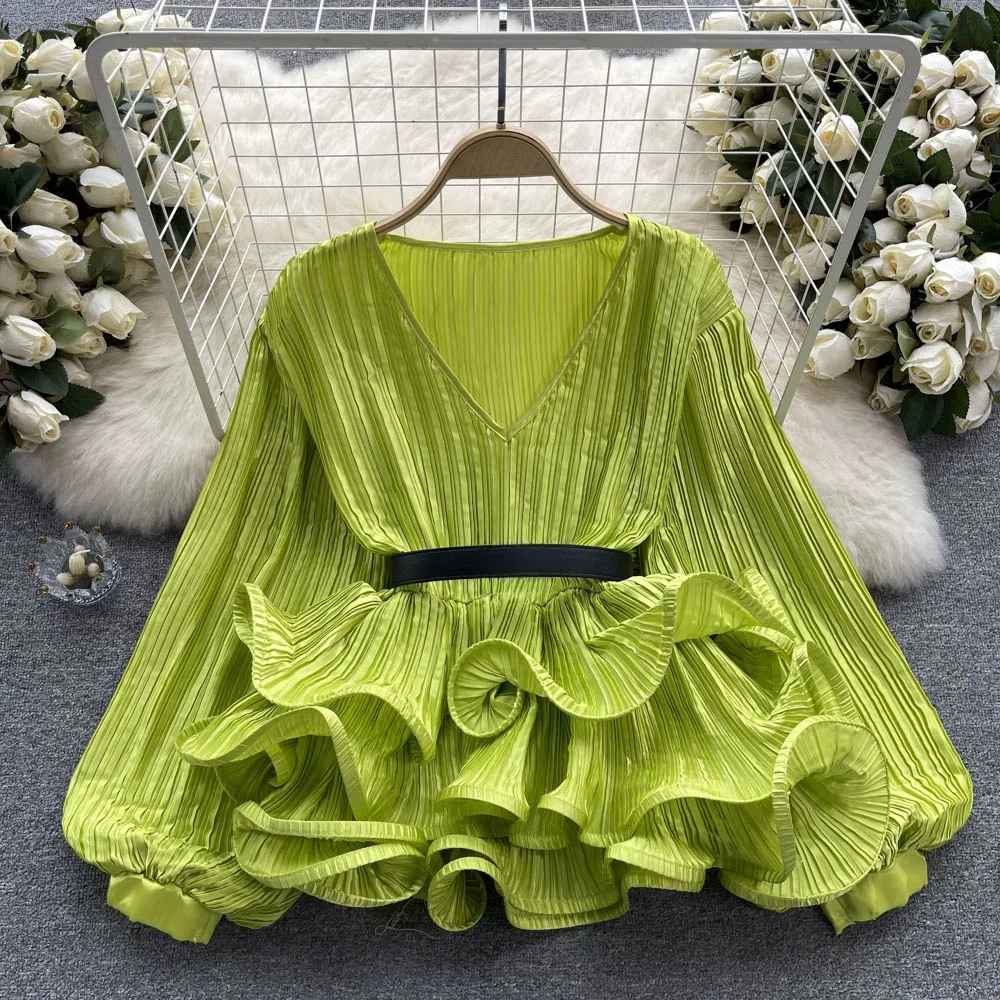 

Ele Satin Long Sve Loose Women's irt V-Ne Lantern Sve Design Korean Sle Commute Wind Blouse Faionable Gauze