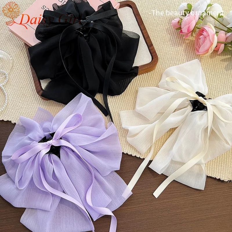 

French Gentle Ribbon Bow Grab Clip Little Girl Showing Back Of Her Head Chiffon Multi-Layer Bows Shark Clip Hair Accessories