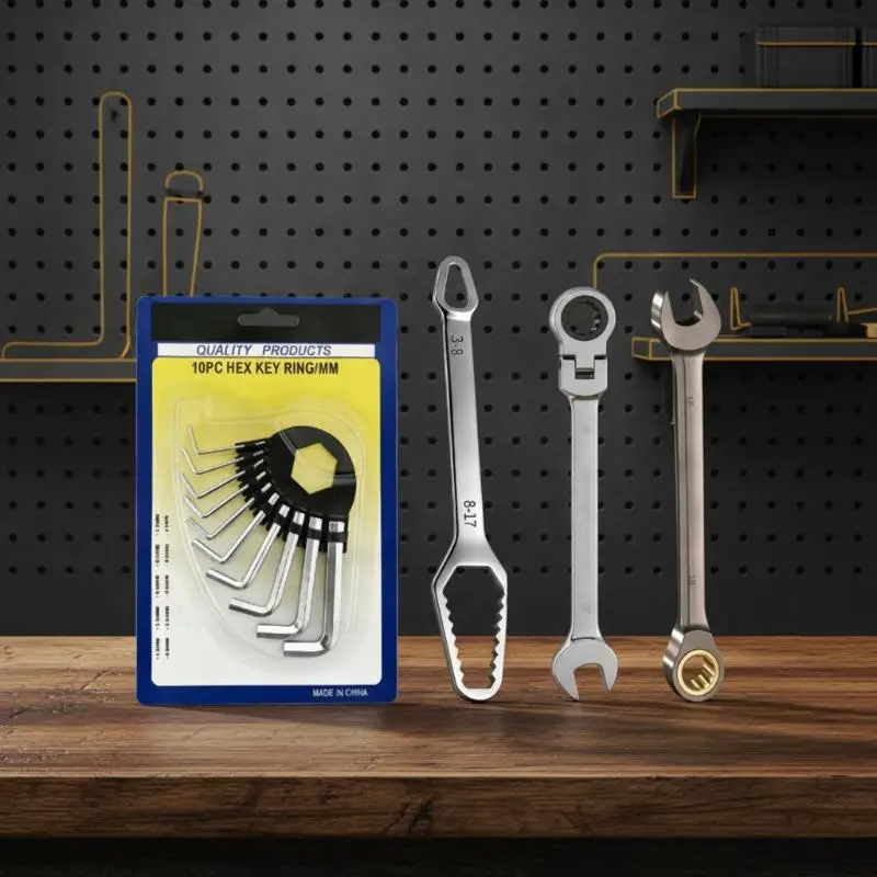 [C] 11Pcs Combination Wrench Set Vanadium Steel, 10Pcs Hex Key + 1Pc Swivel Ratchet Wrench, For Auto Garage Mechanical Repair