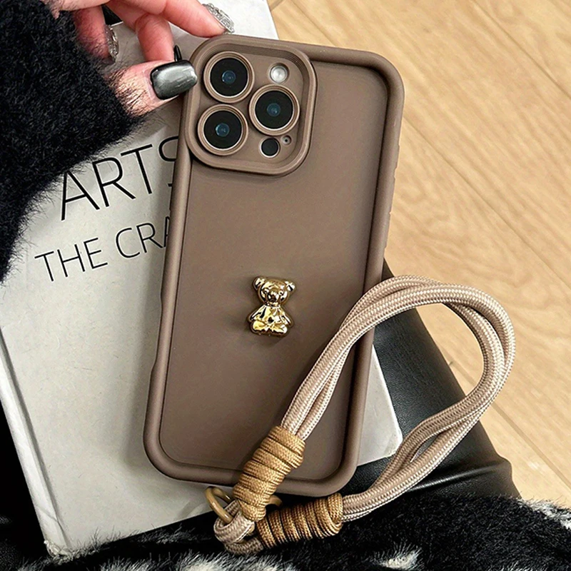 

3D Gold Bear Wrist Lanyard Phone Case For iPhone 16 15 14 13 12 11 Pro Max 16E X XS XR 7 8 Plus SE Shockproof Silicone Cover